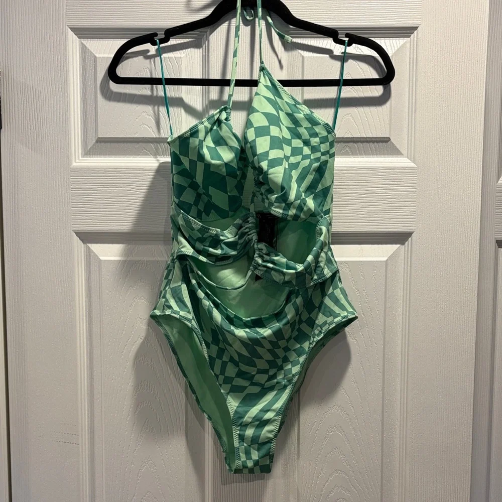 Zara Green Checkered One Piece Swimsuit - Picture 1 of 4